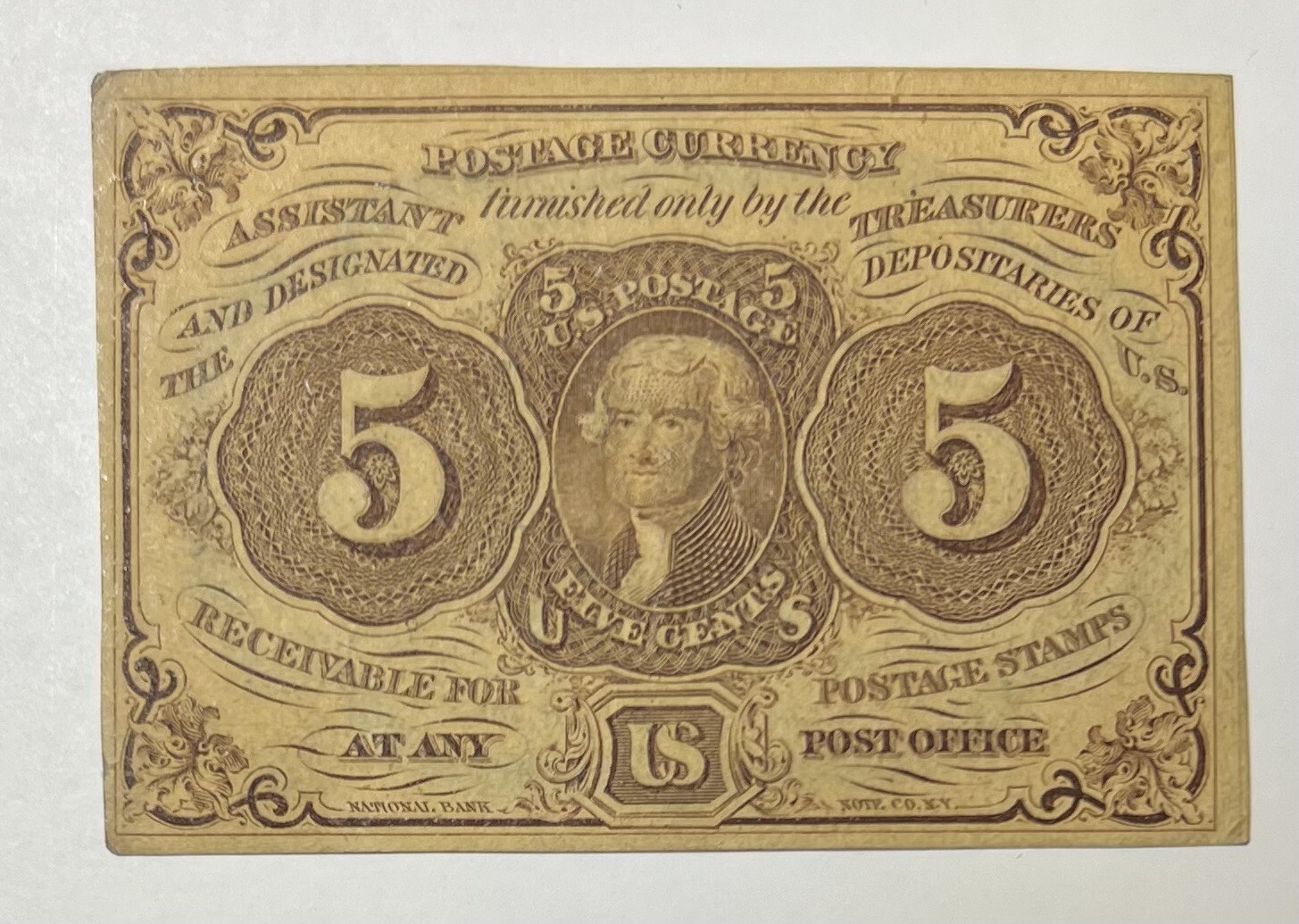 1862 U.S. 5 FIVE CENT POSTAGE FIRST ISSUE FRACTIONAL CURRENCY NOTE FR ...
