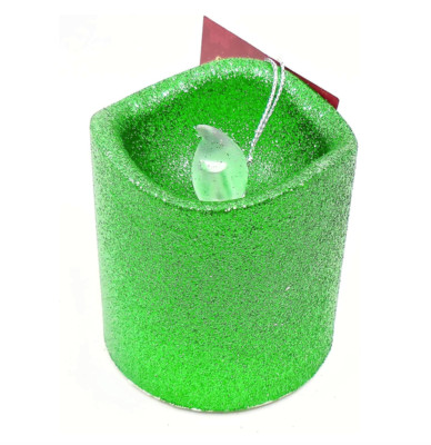 Flameless LED Pillar Candle,2x,Green Glitter,Flickering Flame,Plastic,On/Off,3''h