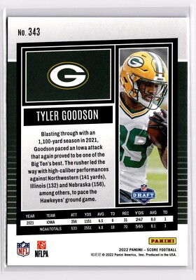 2022 Panini Score Tyler Goodson #343 /299 RC Purple Cracked Ice