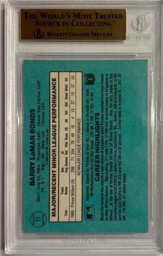 1986 Barry Bonds Donruss Rookies RC... Graded BGS 9.5 Gem Mint - Picture 2 of 2