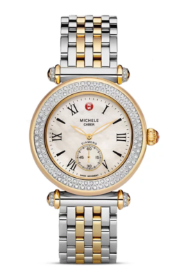 Michele Women Watch Diamond Bezel Silver Gold Mother of 