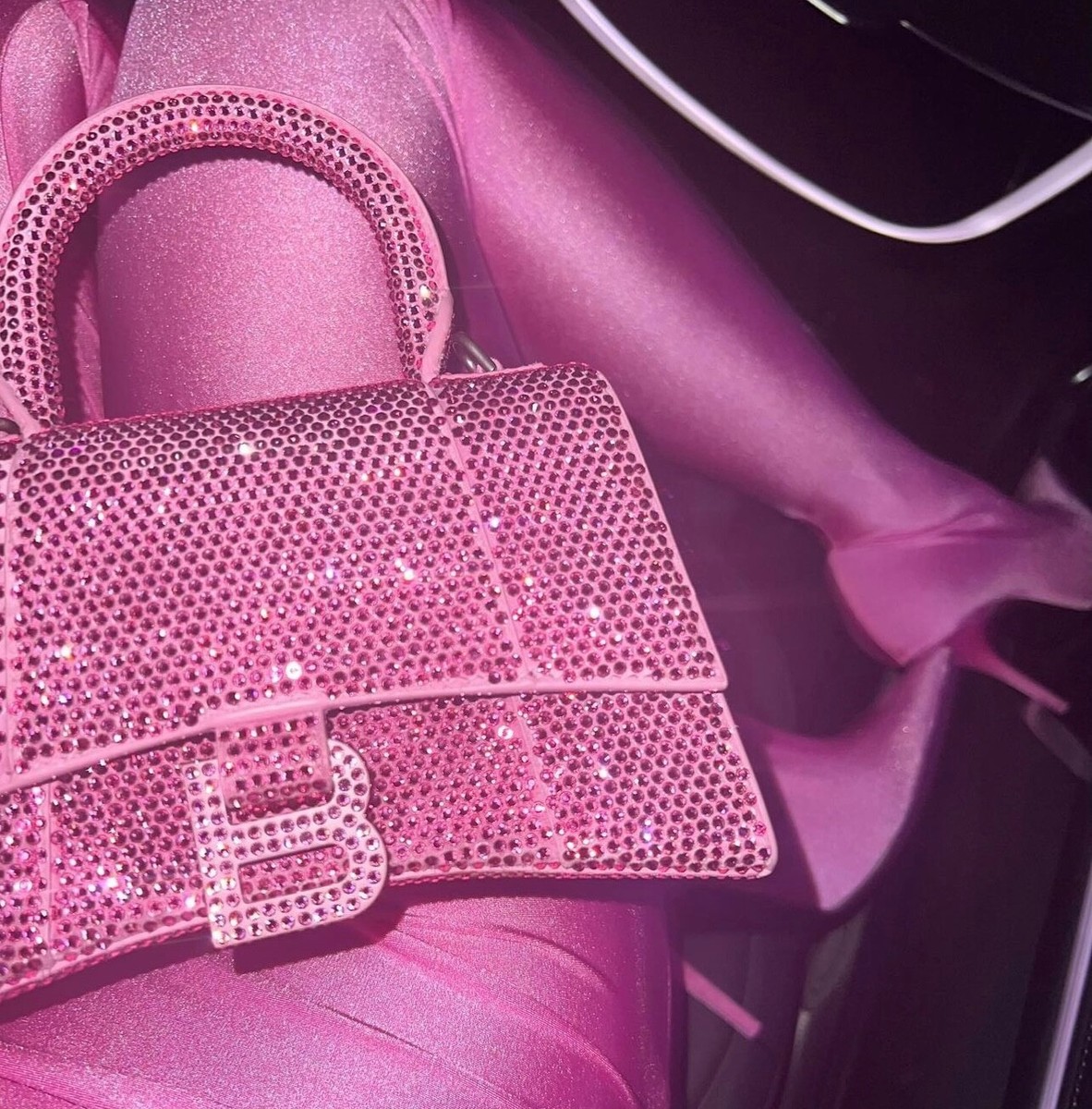 Balenciaga Suede Calfskin XS Hourglass PINK Crystal Rhinestones