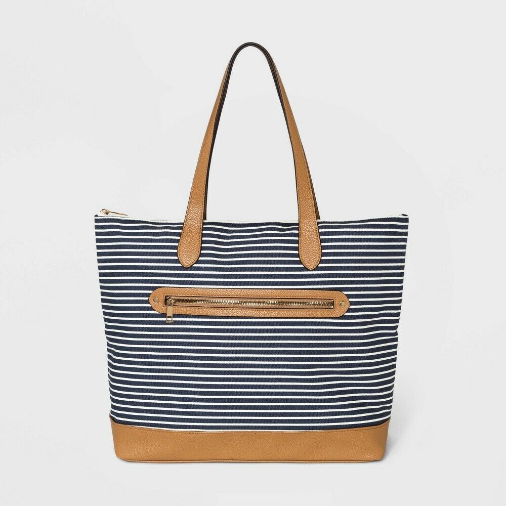 Striped Zip Closure Tote Handbag Purse a Day Navy/white 2 Zippered