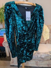 ZARA GREEN TWO-TONE SEQUINNED SHORT BODYCON RUCHED DRESS SIZE XS UK 8 BNWT