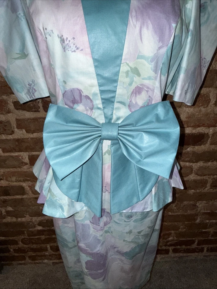 Vestido Leslie Lucks Vintage Años 80 Pastel Floral GRANDE Aqua Bow Mangas Abullonadas Talla 10 Foto 3 de 4