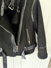 Zara Black Faux Shearling Aviator Biker Jacket Size L Oversized Teddy Lined