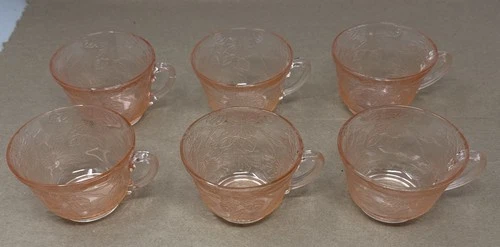 Vintage Pink Depression Glass Floral Teacups Set of 6 Peach Etched Cups 4”