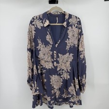 Free People Floral Tunic Mini Dress Blue Cream OB455339 Small Relaxed Boho