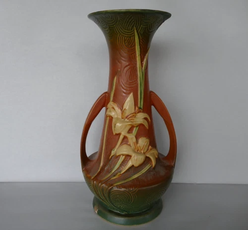 antique Roseville Pottery Brown Zephyr Lily 140 - 12 double handle vase