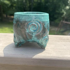 Art Pottery Footed Planter Green Turquoise 3D Swirl Succulent