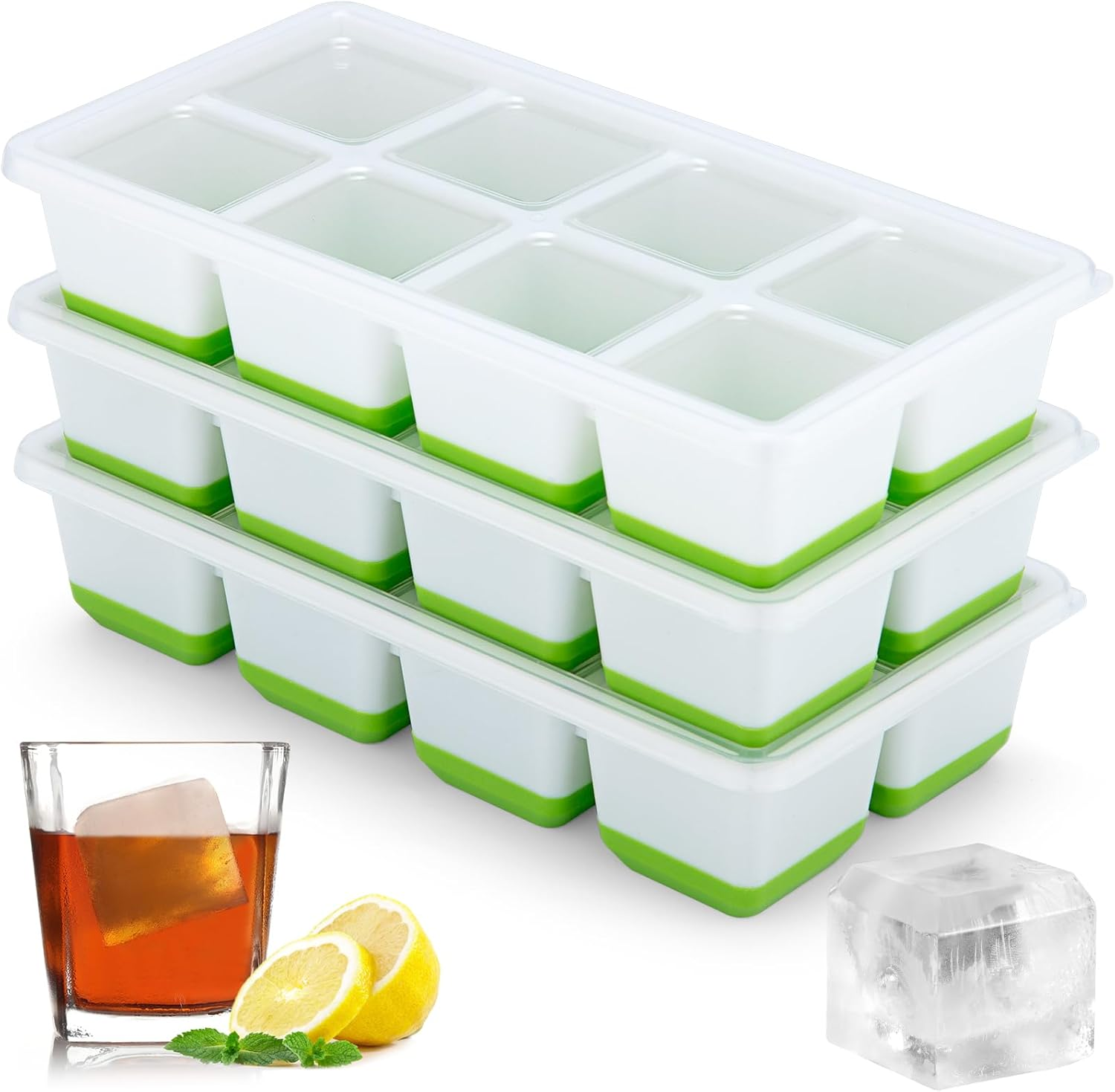 Sinnsally Silicone Ice Cube Trays,3 Pack Large Ice Cubes Tray with Lid,Square Bi