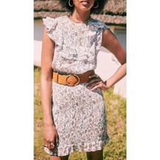 Sezane Mini Dress White Floral Smocked Ruffle Hem Roxie size 14