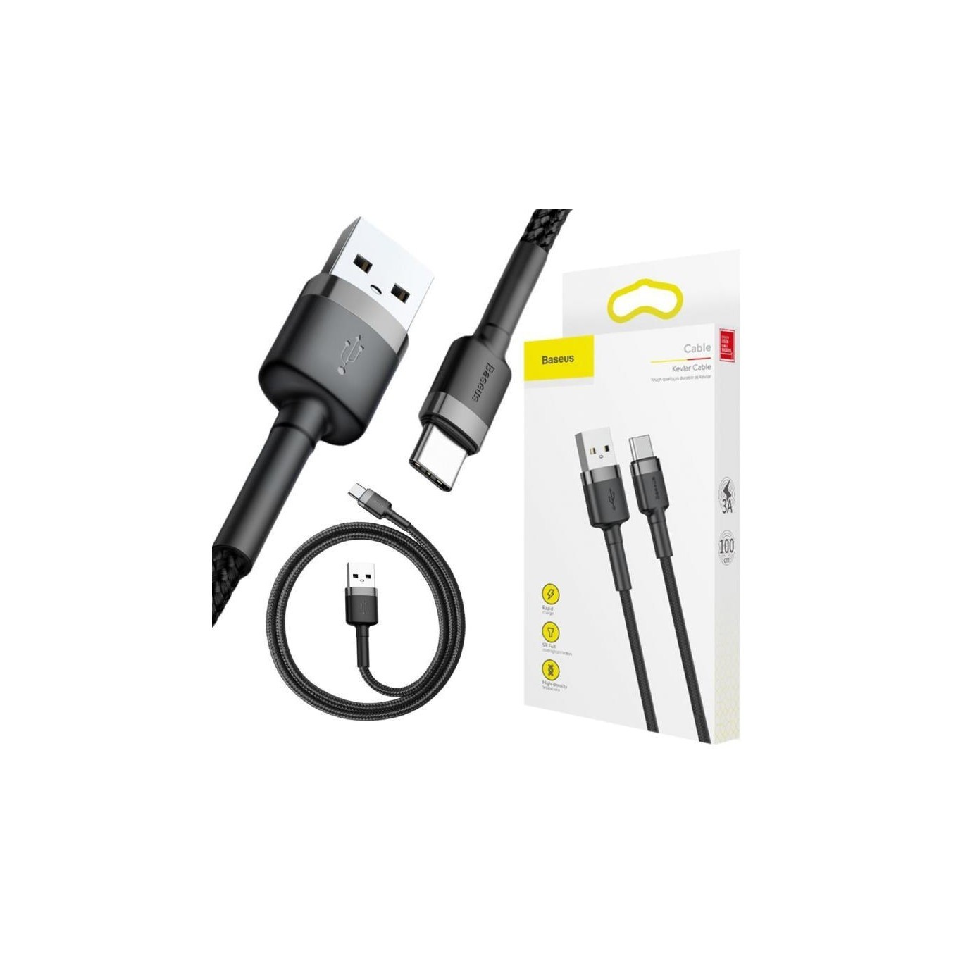 Cable Baseus CATKLF-BG1 USB-A a USB-C 1m 3A trenzado reforzado negro - Imagen 3
