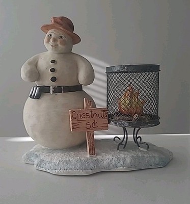Snowman Figurine Selling Roasted Chestnuts Wire Fire Cute Folk 6.5'' (B1-D4)