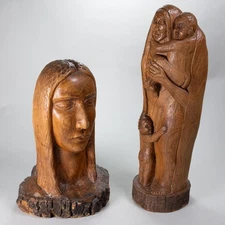 Pair of Vintage Signed Roberto de la Selva Wood Carvings, Both Dated 1941