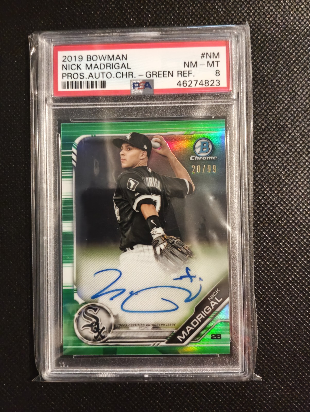 Nick Madrigal 2019 Bowman Chrome Prospect Green Refractor Auto 20/99 PSA 8 view 1