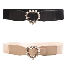 Women Beads Heart Buckle Wide Faux Leather Stretchy Belt Dress Corset Waistband