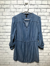 Forever 21, Women S, Blue Soft Denim 3/4 Roll-Tab Sleeve V-Neck Pullover Dress