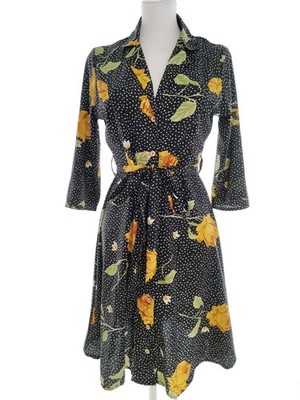 QED LONDON Damen Hemdblusenkleid Gr. 38 Schwarz 3/4 Ärmel Kragen Knielang