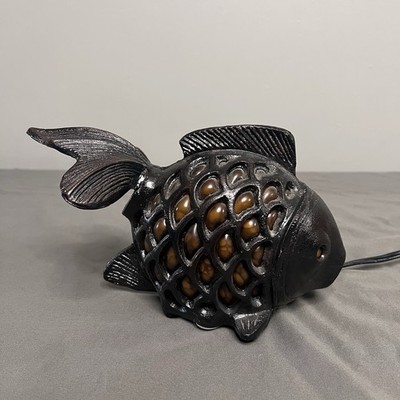 VTG Cast Iron Koi Fish/Goldfish Table Lmp W/ Amber Glass Insert 11x5x5.5 
