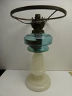 ANTIQUE BLUE FONT & WHITE MILK GLASS BASE OIL LAMP KERO LANTERN BRENNER KOSMOS