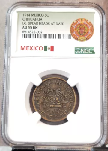 1914 MEXICO 5 CENTAVOS 5C CHIHUAHUA LG SPEAR HEAD NGC AU 55 BN