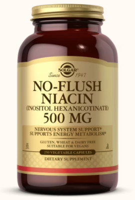Solgar No-Flush Niacin 500mg 250Vegetable Capsules Vitamin B3 Exp 12/2026