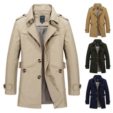 Men's Trench Coat Long Jacket Lapel Neck Outwear Overcoat Cardigan Solid Warm ṑ