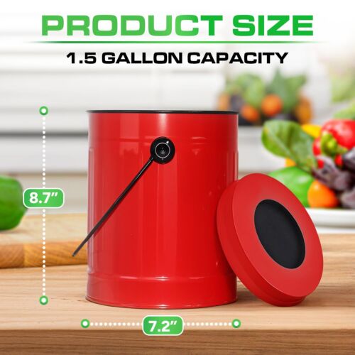 Countertop Compost Bin with Lid Red 1.5 Gallon Odorless Kitchen Compost Conta... - Picture 2 of 6