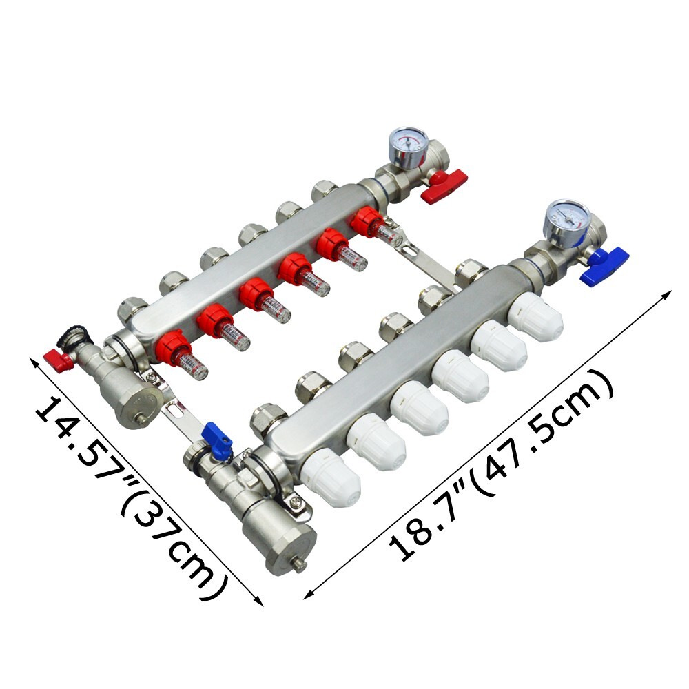 6-Branch PEX Floor Heating Manifold 304 Stainless Steel 1-95℃ 1.5MPa