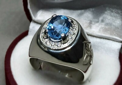 Eleganter Herrenring 4 Karat Ovalschliff Aqua Blautopas Sterlingsilber 925 Handarbeit