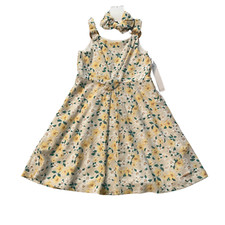 Tahari Girls 6 Yellow, Green  Beige Floral Sleeveless Eyelet Dress  Headband