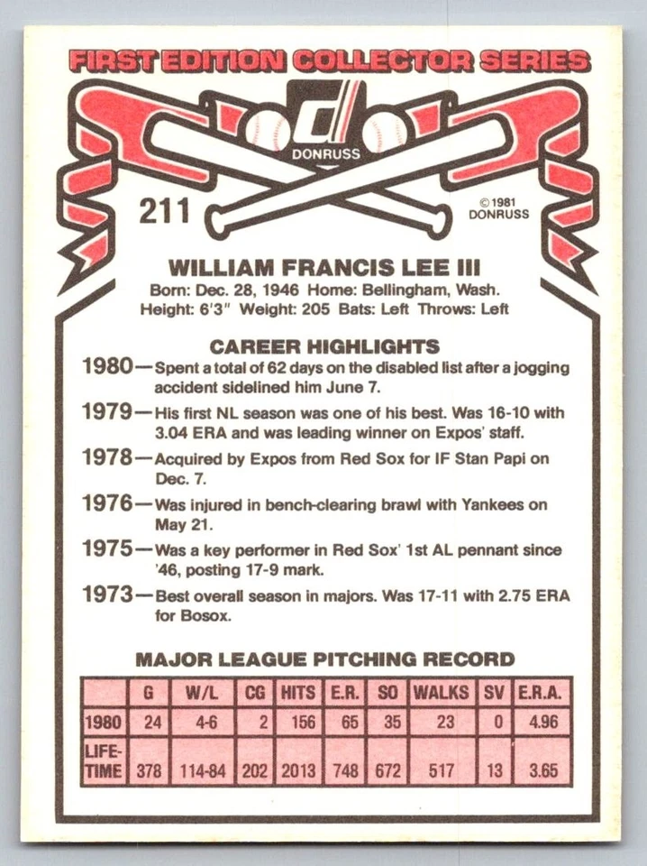 1981 Donruss Bill Lee #211 - Image 2 of 2
