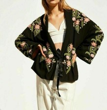 ZARA BLACK ORIENTAL KIMONO JACKET WITH FLORAL EMBROIDERY BOHO Size S-M