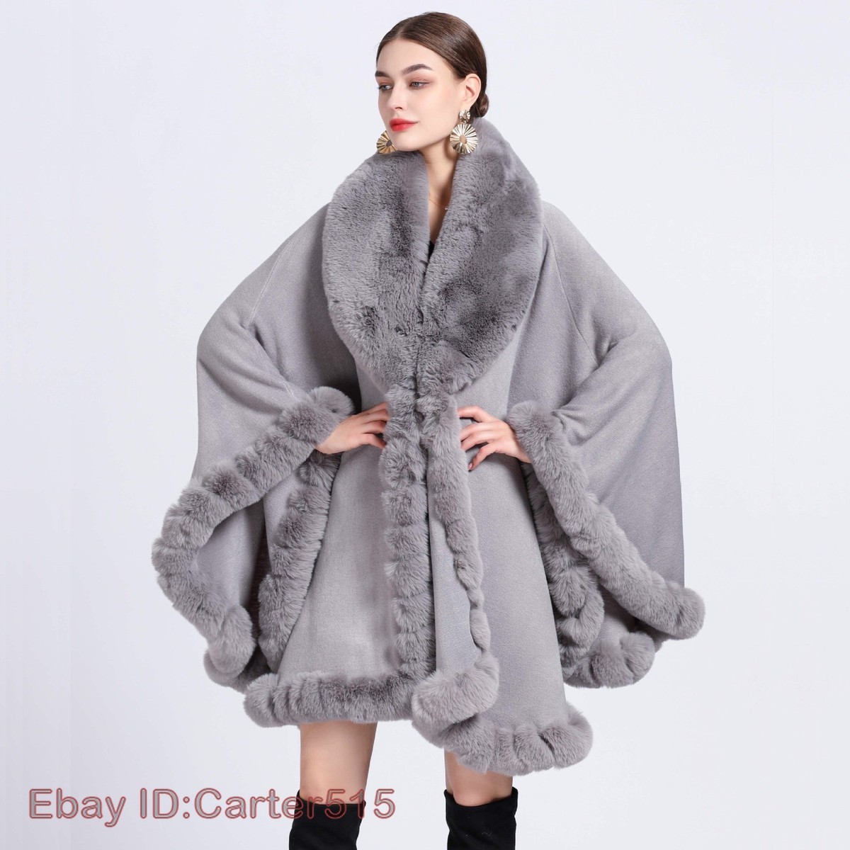 Womens Faux Fur Collar Shawl Jacket Party Casual Winter Warm Cape
