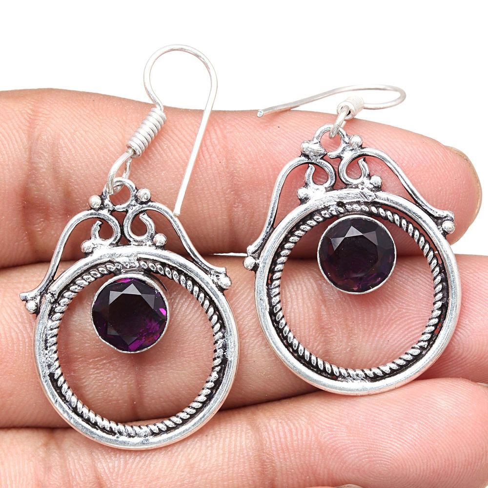 Amethyst Quartz Gemstone Handmade Silver Jewelry Earrings 1.5''