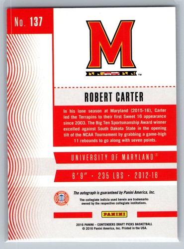 2016 Panini Contenders #137 Robert Carter College Ticket Autographs - Picture 2 of 2
