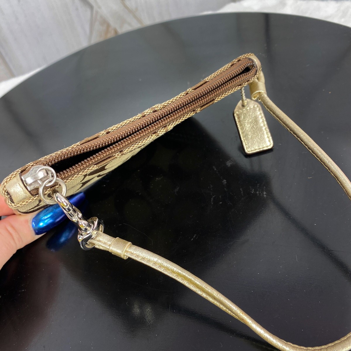 Coach Signature Y2K Canvas Leather Wristlet Bag Beige Gold 