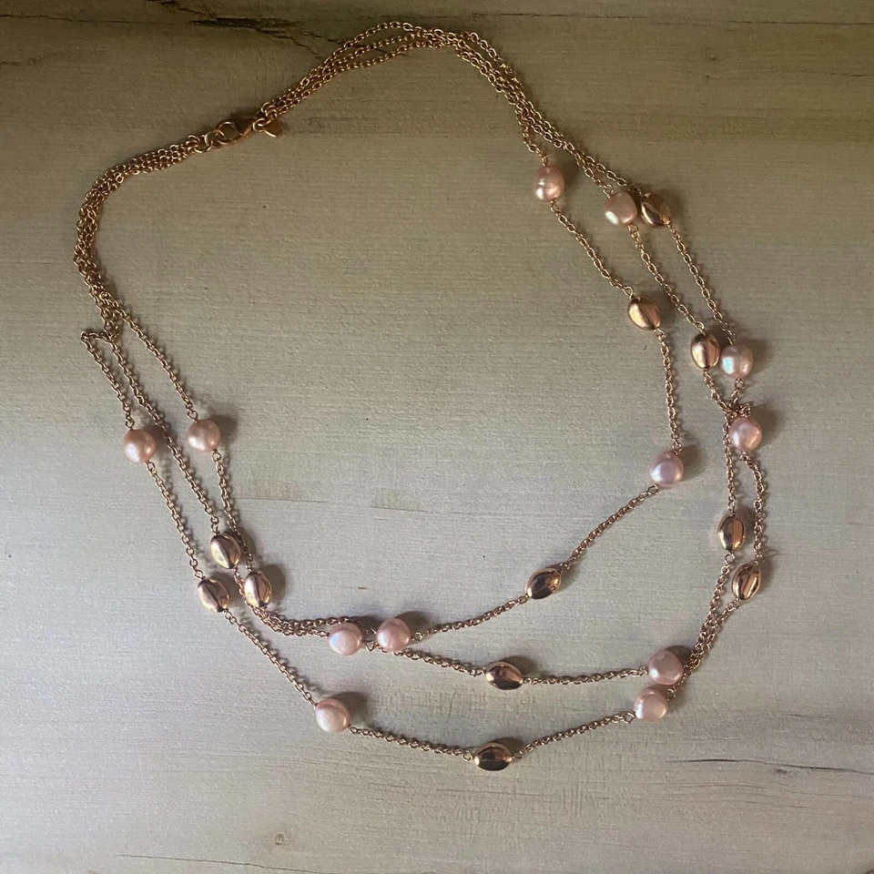 Honora Italia Rosa Perla Cultivada Broze 3 Hilos Cadena Estación Collar 18" Foto 4 de 4
