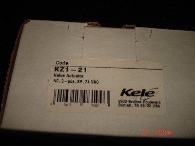 Kele, KZI-21 N.C. Valve Act, 2-Pos,  Spr.Retr, 24 VAC, New in Box., See Below