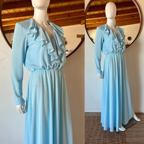 VTG 70'S LIGHT SKY BLUE DRESS SEMI SHEER RUFFLED LONG SLEEVE MAXI GOWN FITS S - Picture 8 of 12