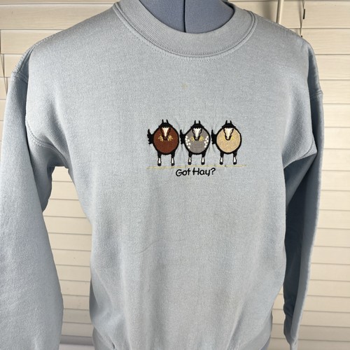 Pferde "Haben Sie Heu?" Sweatshirt Größe? Hellblauer bestickter Pullover Rundhalsausschnitt - Bild 3 von 14