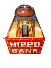 Antique Tin Litho Mechanical Wind Up Happy Hippo Bank Japan by Yone 1960  s