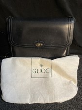 GUCCI Vintage Leather Shoulder Bag Black Gold Hardware Crossbody Dust Bag Charm