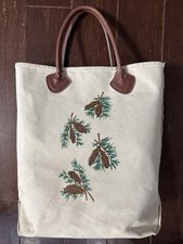 LL Bean Boat Tote Vintage 80s Canvas Tote Leather Handles, Pine Cones