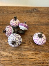 Set of 5 Ceramic Drawer Knobs Purple White Cabinet Pulls Vintage Style