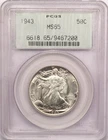 1943 Walking Liberty Half Dollar 50C, PCGS MS65 OGH, Gem Uncirculated BU