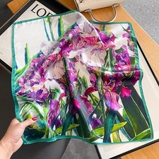 100 Mulberry Silk 21'' Small Scarf Women Neckerchief Wrap Purple Flowers Green