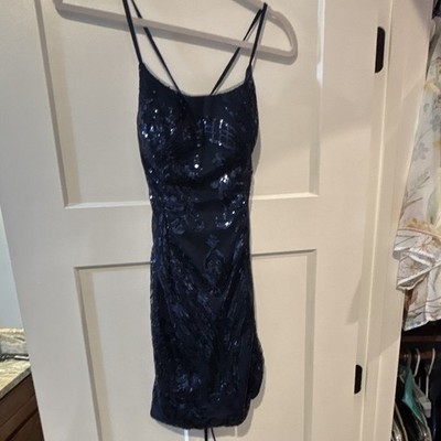 Navy Sequin V-Neck Strappy Slip Dress Satin Polyester Zip Knee Length P