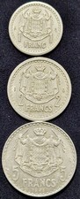 MONACO : Very nice lot of 3 coins 1, 2 and 5 francs aluminum Prince Louis II